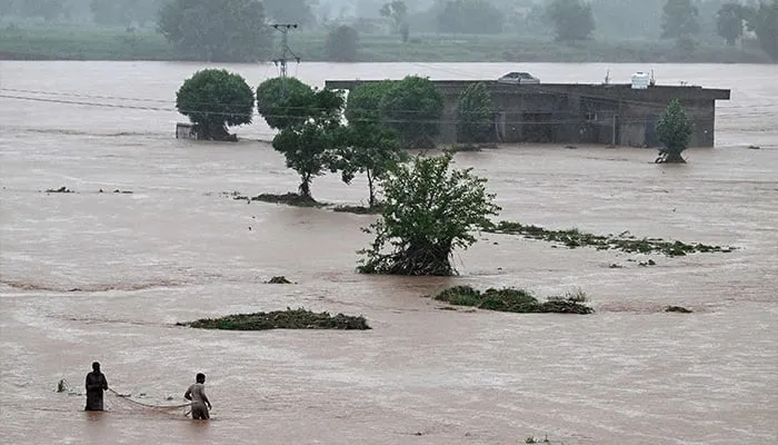 Flooded Ravi River during high alert in Pakistan.