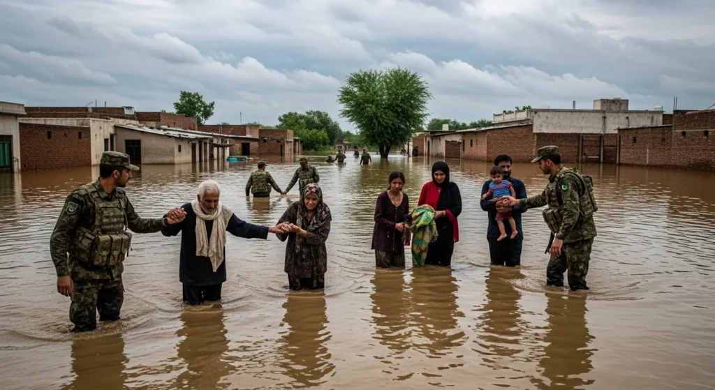 Army personnel rescuing people in flooded Punjab village