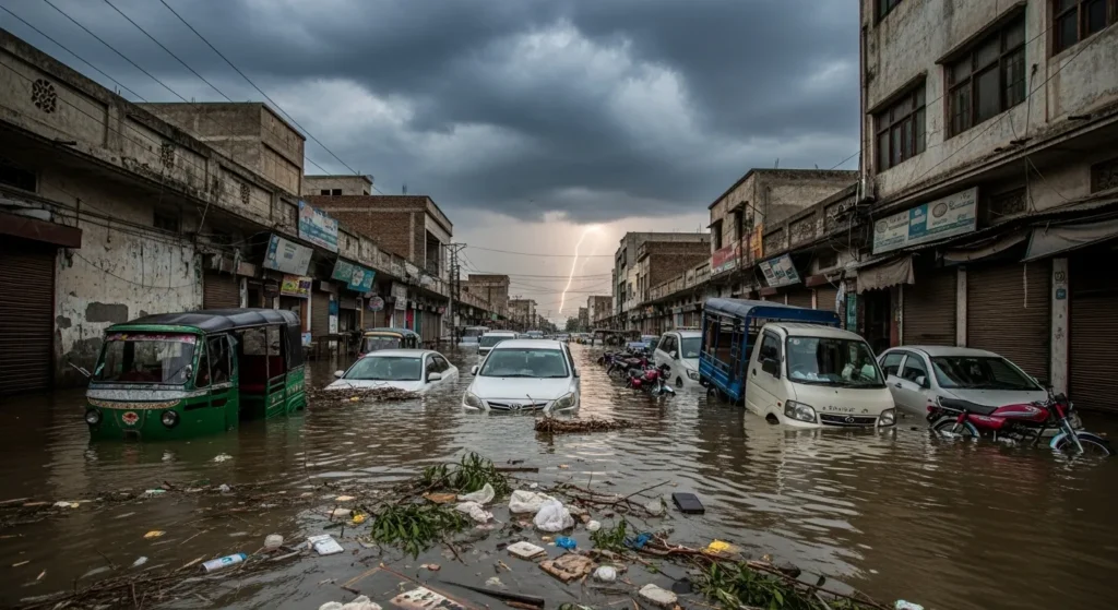 Flooded street in Sialkot with damaged infrastructure.