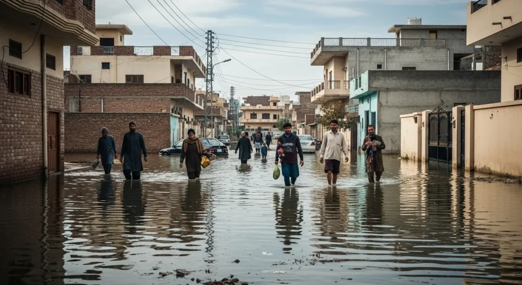 Flooded residential area in Sialkot with homes surrounded by water.