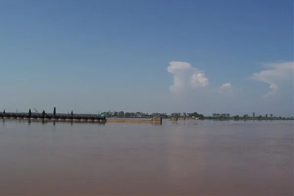 Aerial view of River Chenab with high water flow at Marala Headworks.