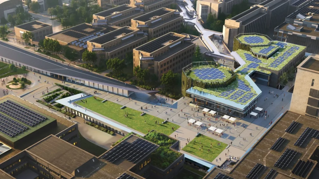 Aerial view of EPFL campus with modern buildings and greenery.