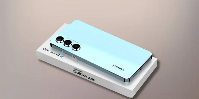 Samsung Galaxy A56 phone with HBL logo in the background.