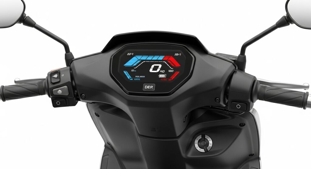 Close-up view of Honda ICON-e’s digital meter and handlebar.