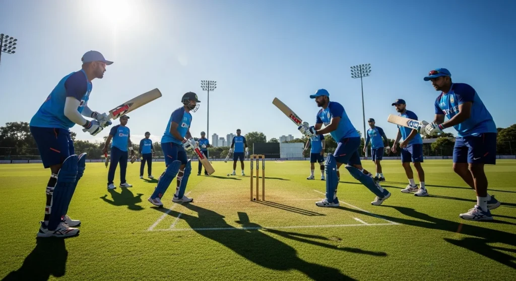 Indian cricket players practicing for Asia Cup 2025 in blue jerseys.
