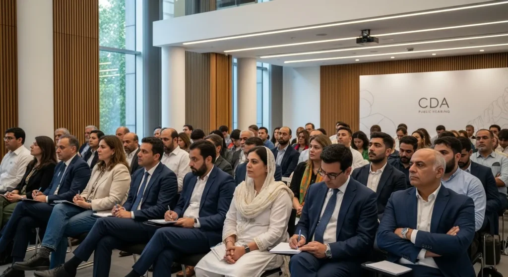 People gathered at a public hearing in Islamabad.