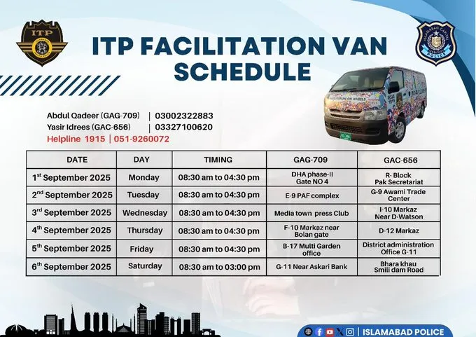 Poster of Islamabad Traffic Police van schedule for next week.
