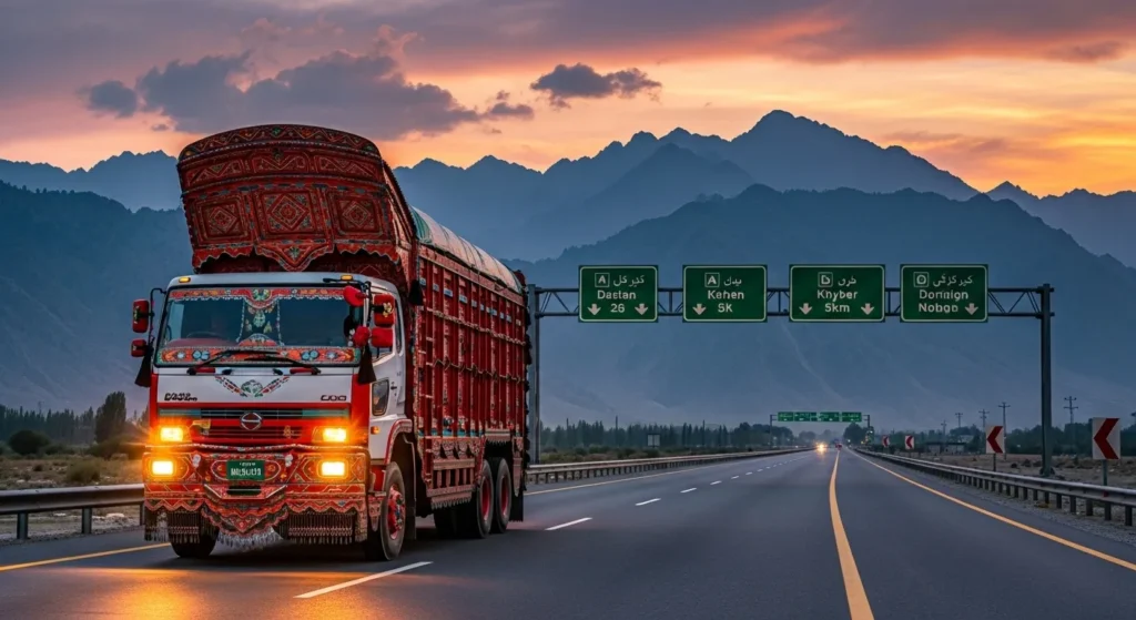 Truck on a Khyber Pakhtunkhwa highway at dusk with mountains in the background.