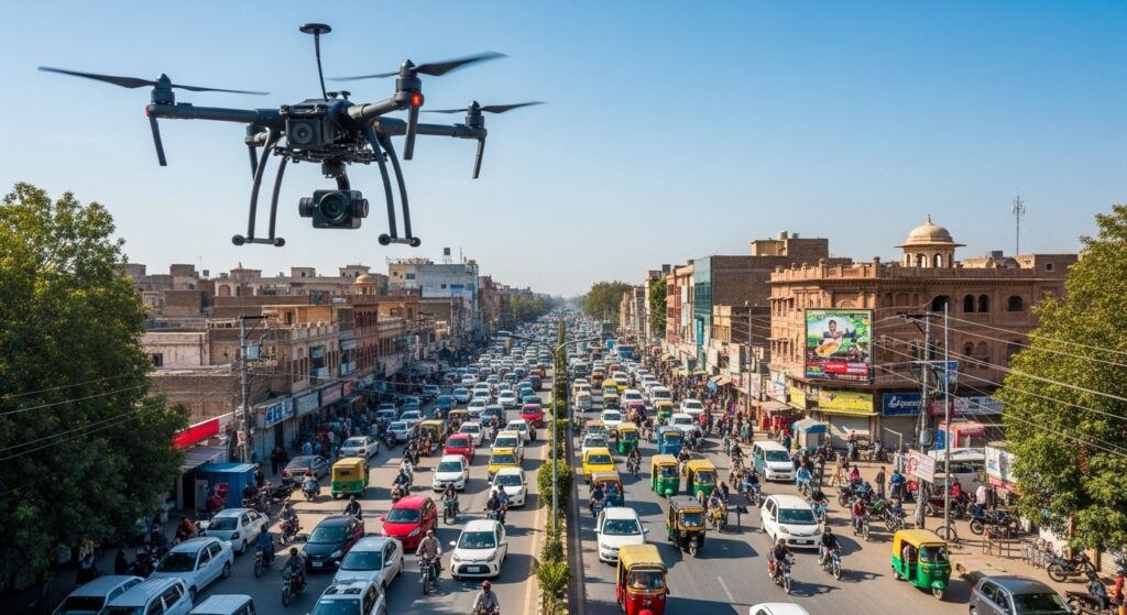 Drone flying over traffic in Lahore, Pakistan.