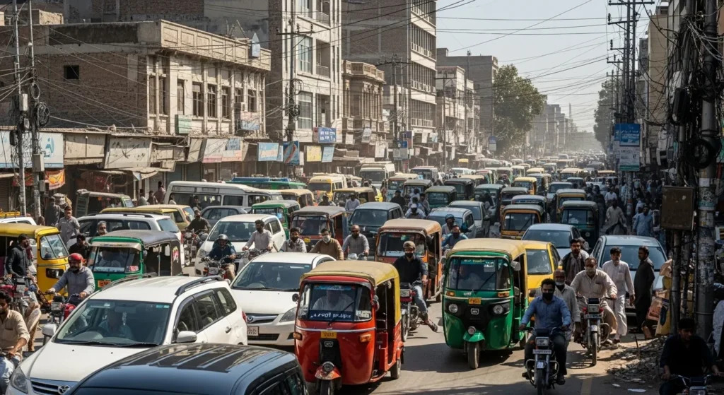 Busy traffic on a Lahore road during daytime.