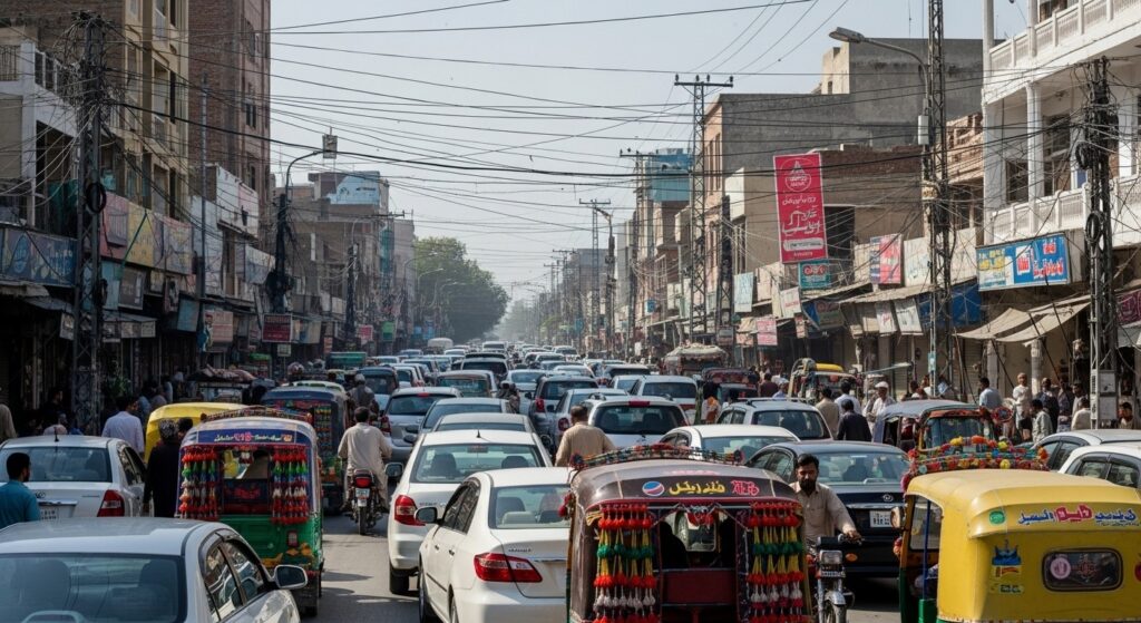 Busy traffic jam on a Lahore road.