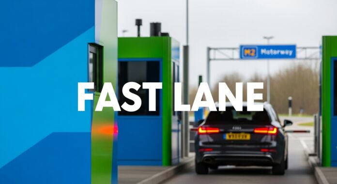 m2-motorway-thumbnail. Toll booth and M2 Motorway sign in vibrant colors.