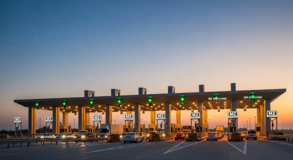 Toll booth on the Islamabad-Lahore M2 Motorway at dusk.