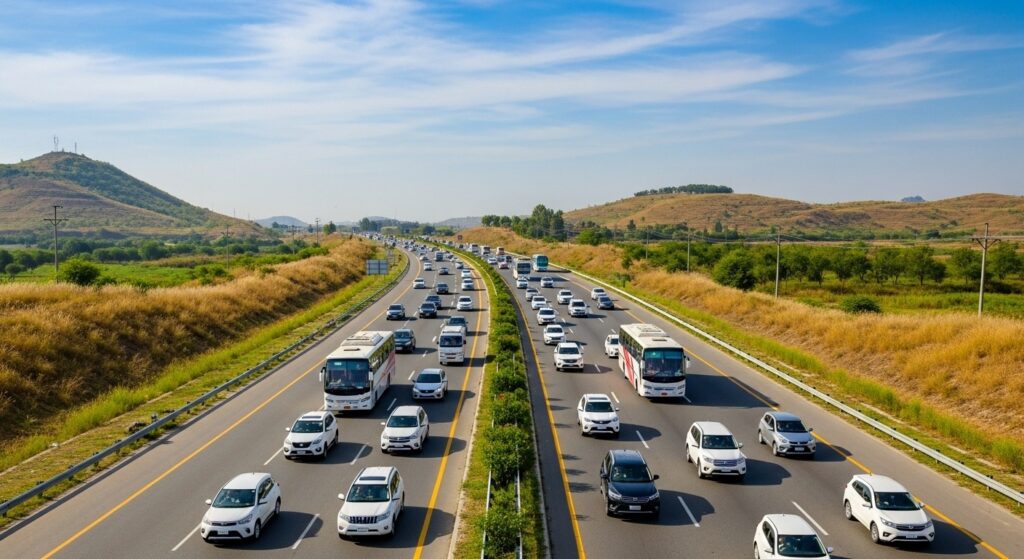 Cars and buses on the Islamabad-Lahore M2 Motorway.