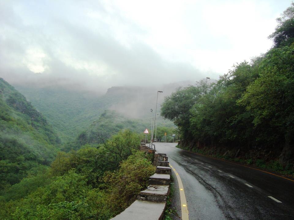 Rainy view of Margalla Hills with closed hiking trails.
