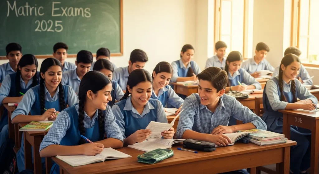Group of students studying for FBISE Matric exams in a classroom.