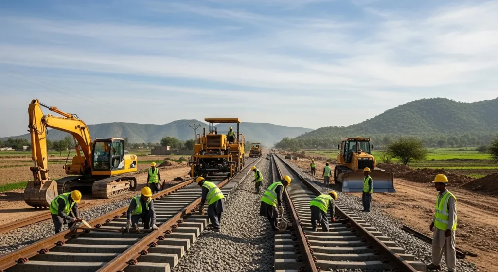 Workers building tracks for ML-1 railway in Pakistan.