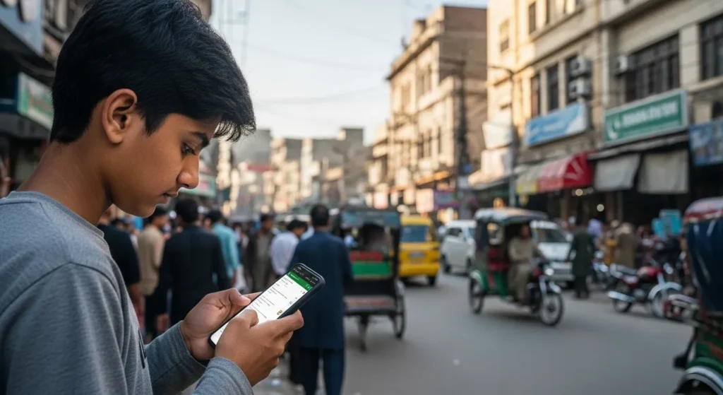 A person in Pakistan using a smartphone for mobile internet.