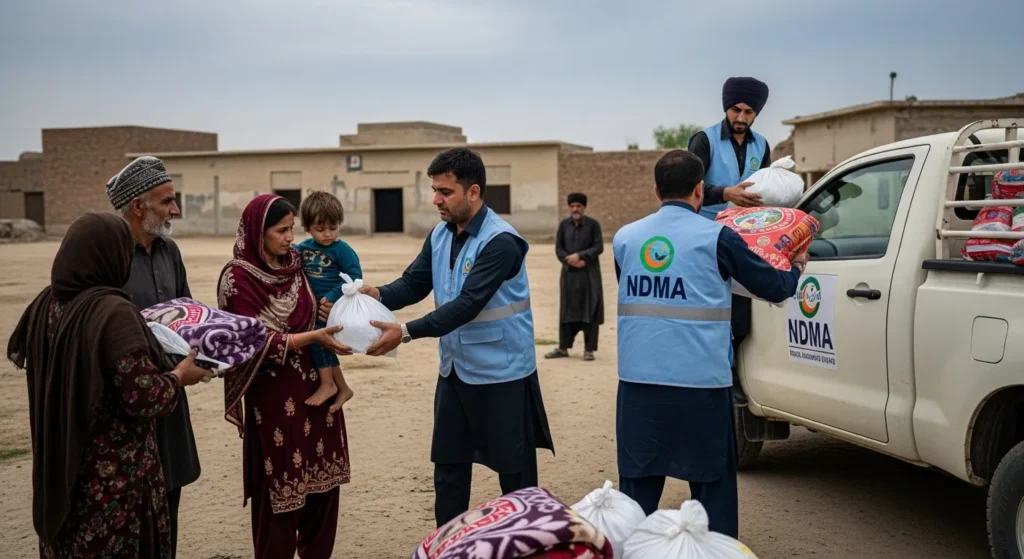 NDMA relief distribution in flood-hit Punjab, Pakistan.