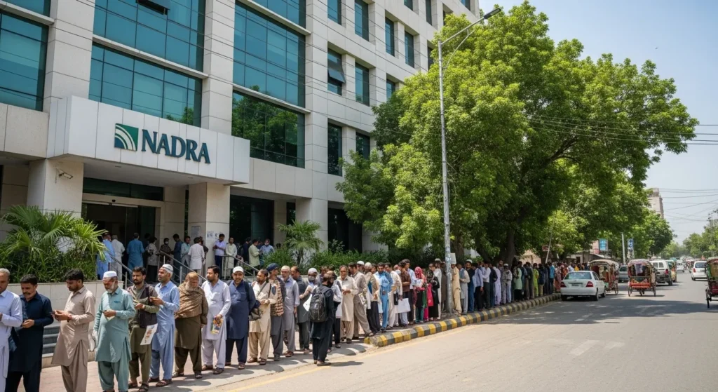 Queue of people outside a NADRA office in Pakistan.