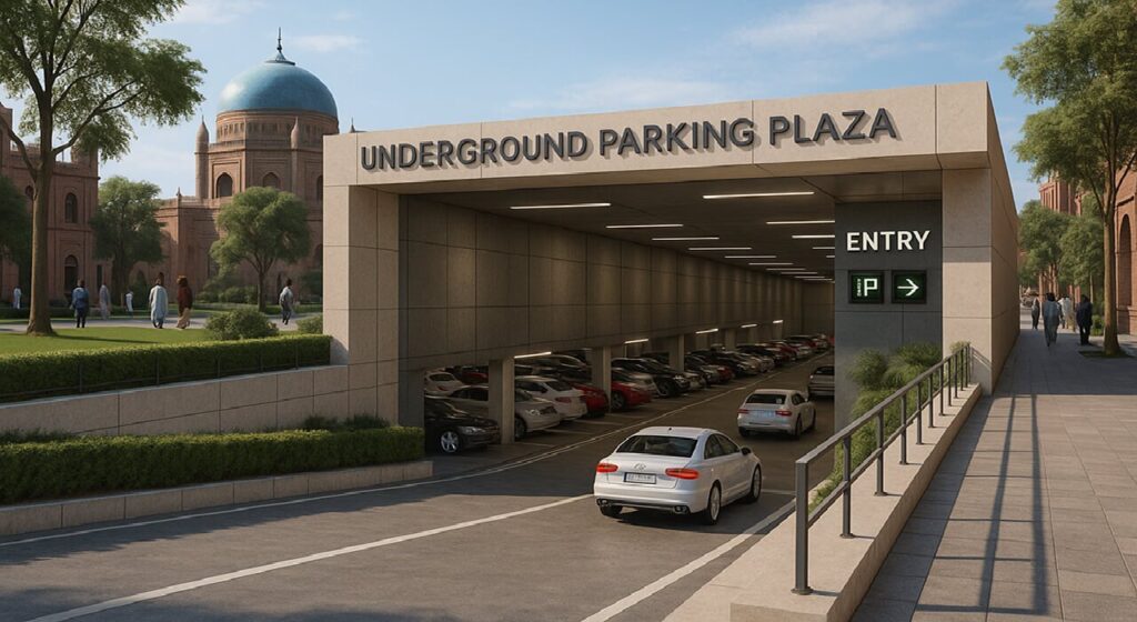 Digital illustration of Neela Gumbad Parking Plaza construction site in Lahore.