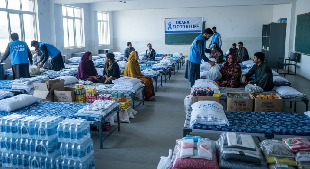 Okara school classroom used as a flood relief camp in 2025.