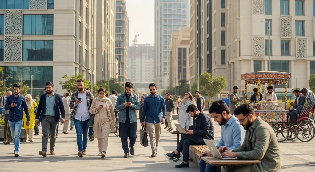 Diverse group using smartphones and laptops in Pakistan.
