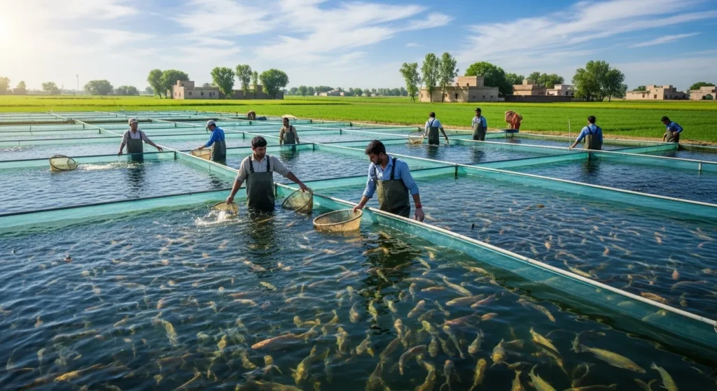 Fish farming facility in Punjab.