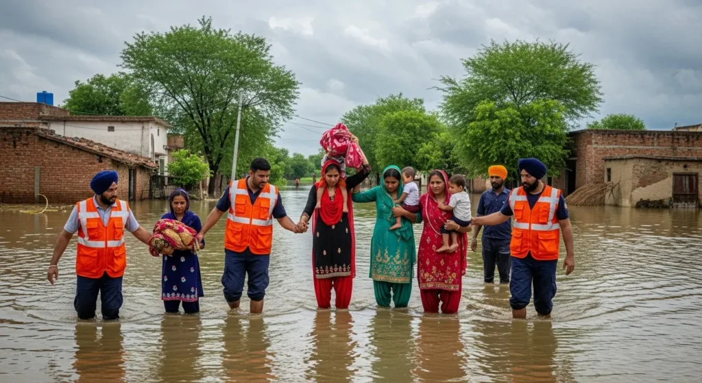Emergency responders assist families evacuating flooded areas in Punjab’s Bahawalnagar district.