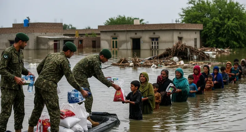 Pakistan Army personnel distributing aid in flooded Punjab village.