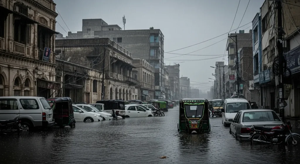 Flooded street in Lahore during heavy rainfall