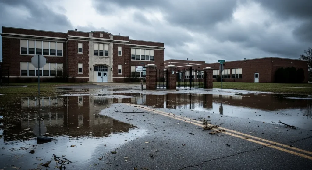 Floodwaters near a closed school in Kot Momin, Punjab.