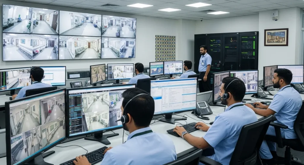 Hospital control room monitoring CCTV footage.