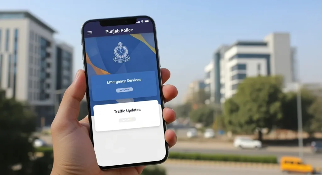 Smartphone showing Punjab Police app interface.