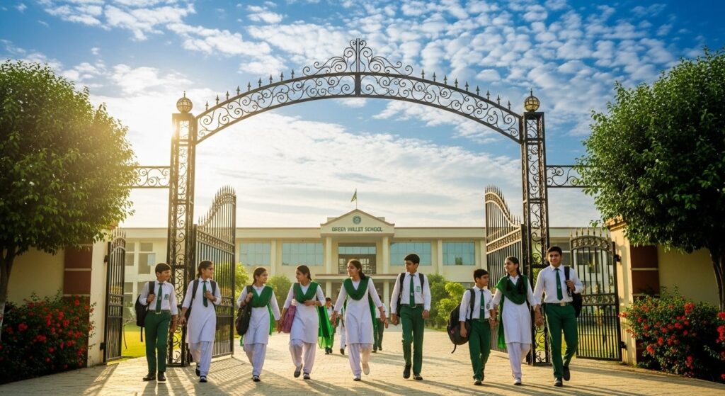 Students walking into a Punjab public school on reopening day.