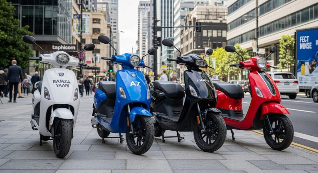 Four Ramza electric scooters in various colors parked in an urban setting.