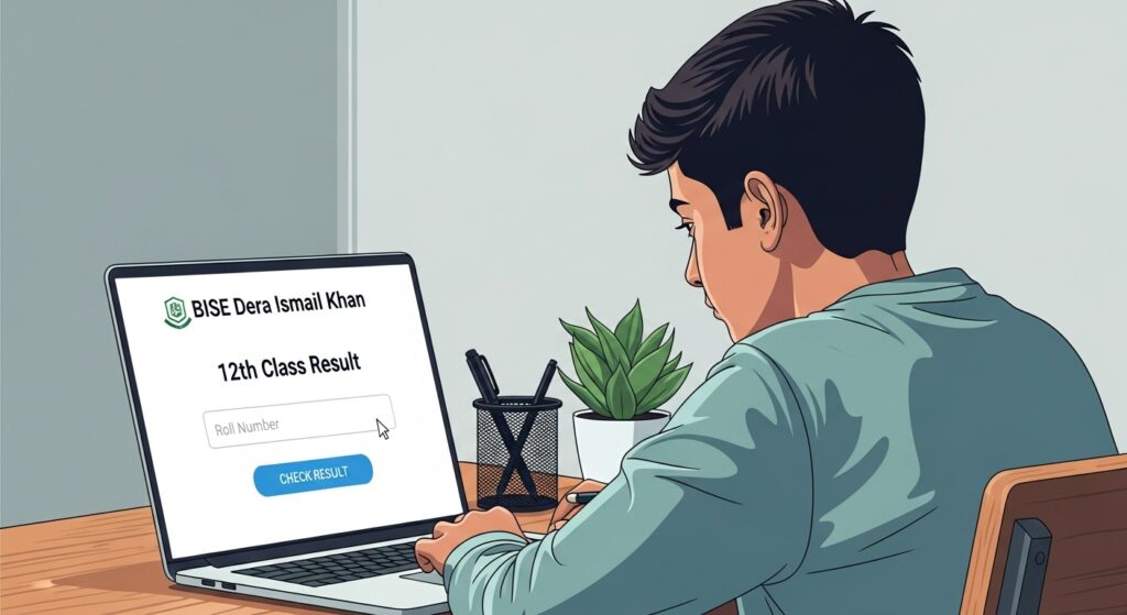 Student accessing BISE Dera Ismail Khan HSSC Part II result on laptop.
