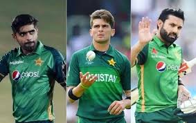 Shaheen Afridi, Babar Azam, and Mohammad Rizwan posing together