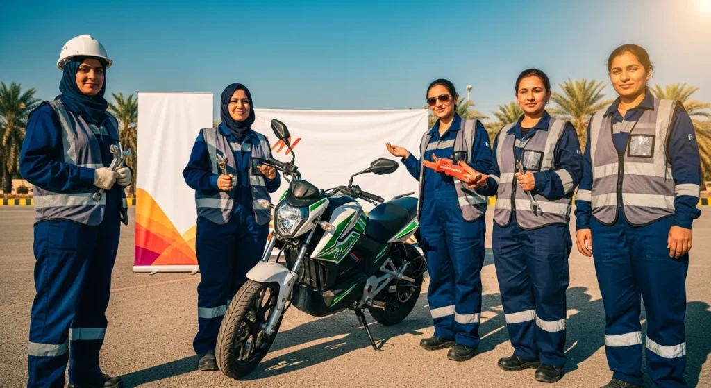 Group of women at the 2025 Sindh electric motorcycle program launch.
