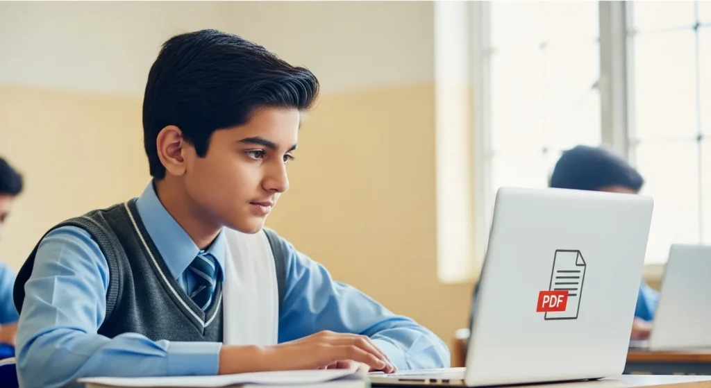 Student checking 9th class result gazette 2025 PDF on laptop.