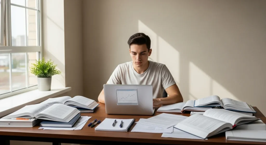 A student at a desk with a laptop and documents, focused on studying.
