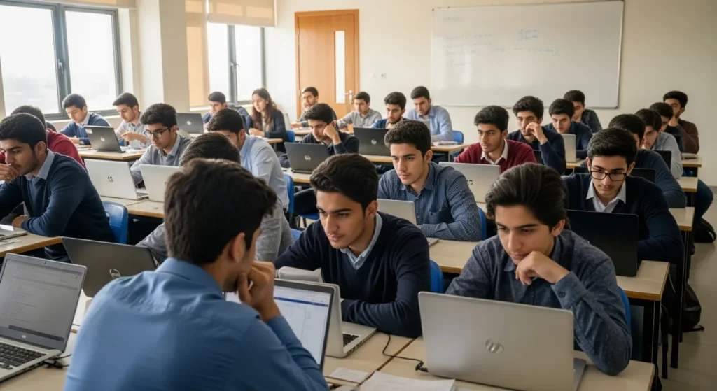 Group of students using laptops to check FBISE HSSC results online.