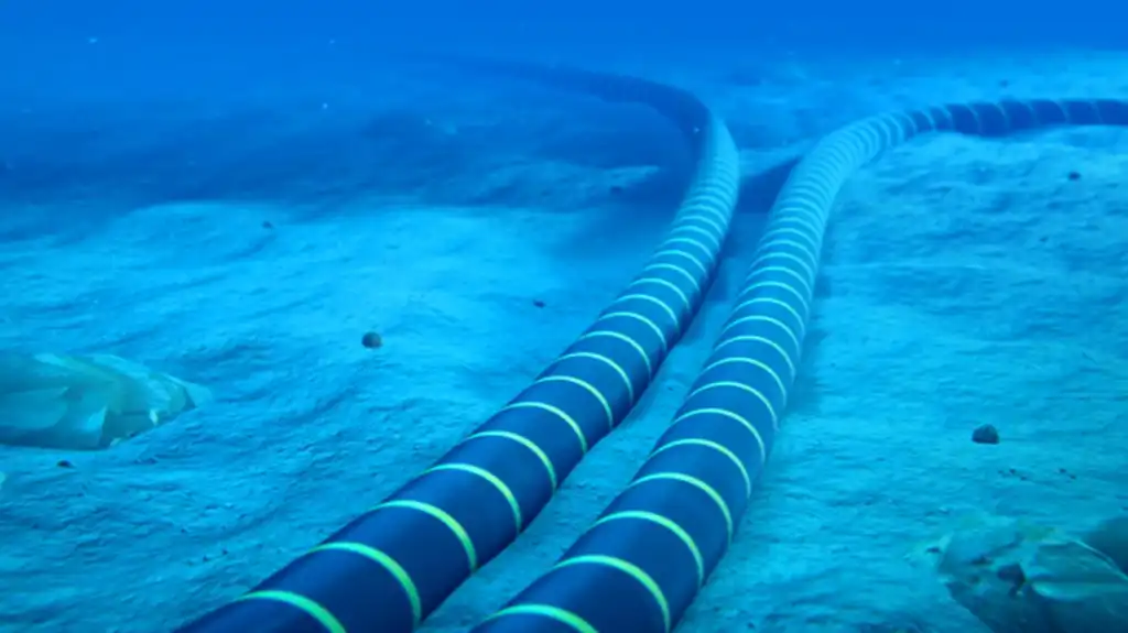 Underwater submarine internet cable in the ocean.