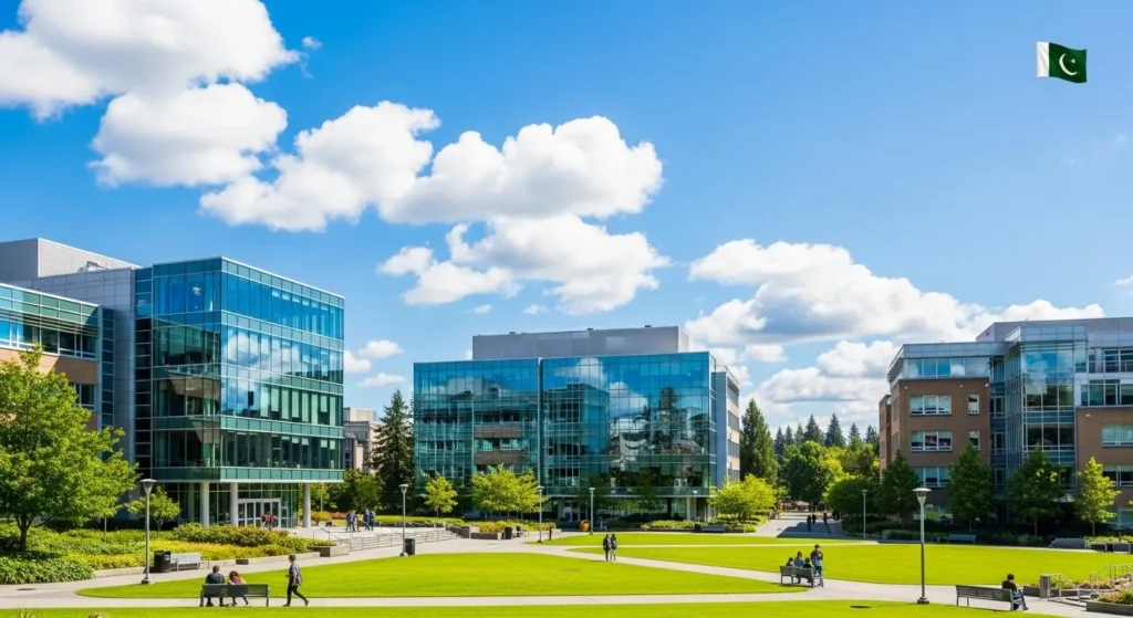 Aerial view of UBC campus with academic buildings and greenery.