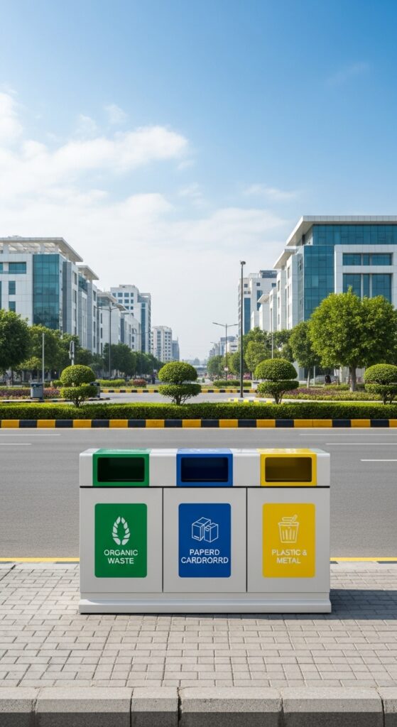 Color-coded waste bins in Islamabad for recycling and waste segregation.