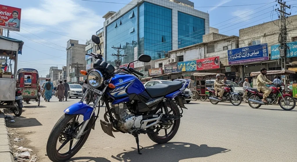 Yamaha motorcycle on a Pakistani city street.