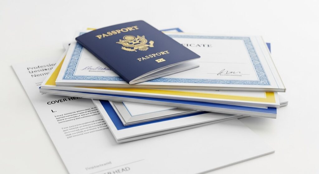 Stack of documents including a passport, certificates, and a cover letter for Austria Job Seeker Visa.