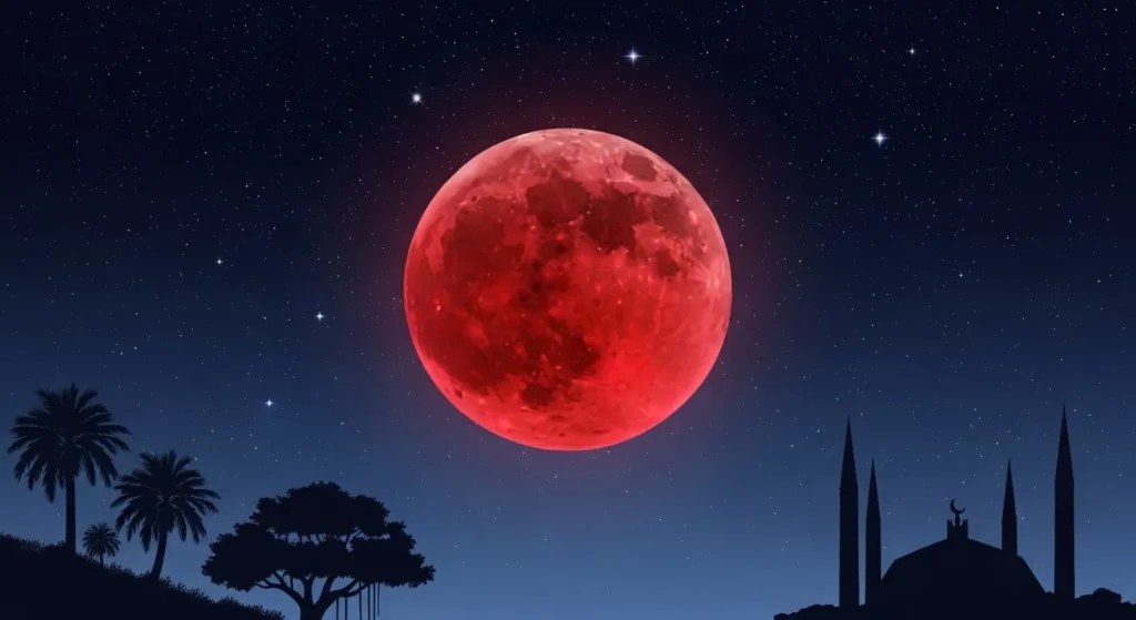 Illustration of a red Blood Moon during the 2025 lunar eclipse in Pakistan.