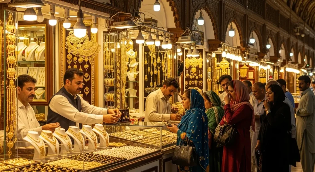 Busy gold market scene in Pakistan