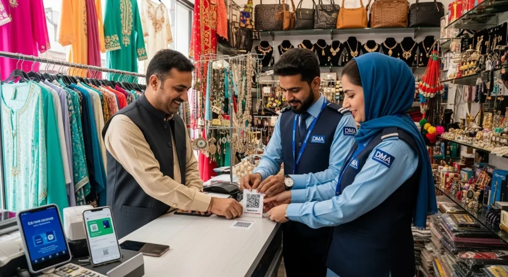 DMA team installing QR code at G-10 Markaz shop
